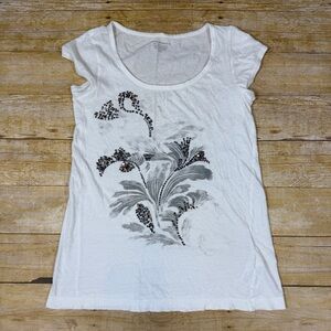 Club Monaco White Beaded Sequin Embellished Top Scoopneck Short Sleeve Tee S